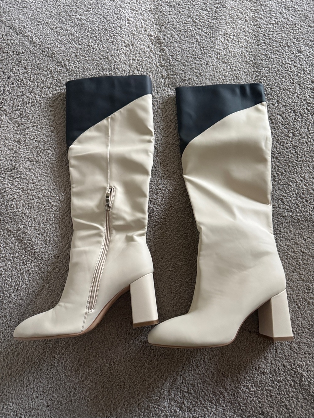 Vivianly Two-Tone Cream and Black Knee-High Block Heel Boots